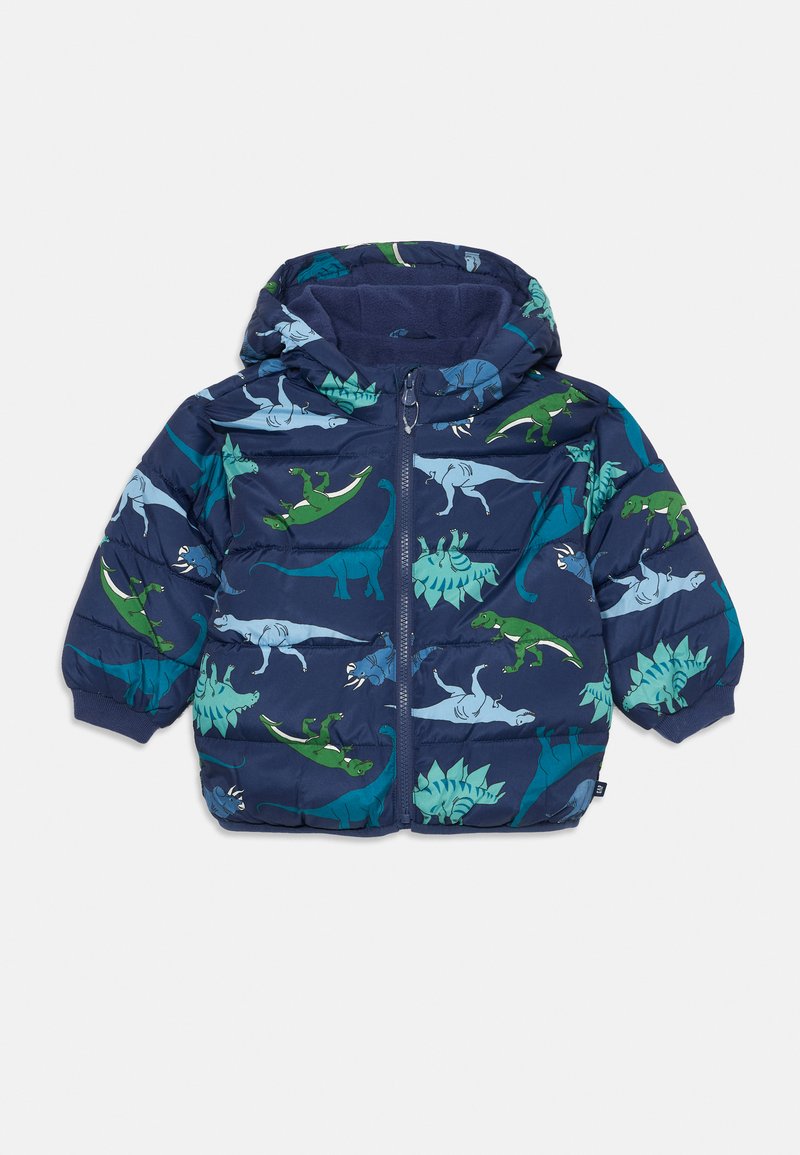 Dunkelblauer Kinder-Puffermantel mit Kapuze, verziert mit bunten Dinosauriermustern und elastischen Bündchen, mit durchgehendem Reißverschluss.