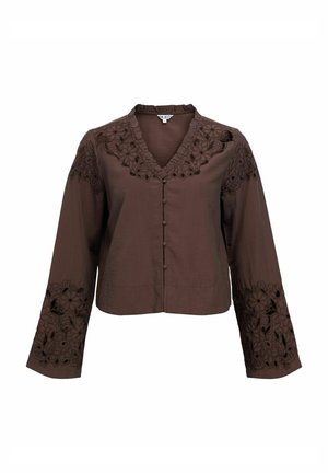 Brown long-sleeve blouse with floral lace cutouts on sleeves and neckline, button-down front, and ruffled V-neck collar.