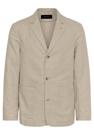Beżowa lniana marynarka z wykładanym kołnierzem, dwoma przednimi kieszeniami i trzema guzikami. Gładka faktura z dopasowanym krojem.