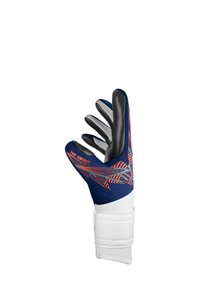 Torwarthandschuh mit einem Design in Marineblau und Weiß. Verfügt über gummierte schwarze Finger, eine strukturierte Griffoberfläche und lebendige, gemusterte Akzente in Orange.