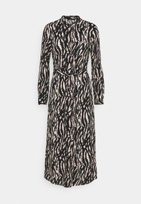 Svart långärmad klänning med beige abstrakta ränder, featuring en krage, knäppning framtill och ett matchande midjeband för en figursydd stil.