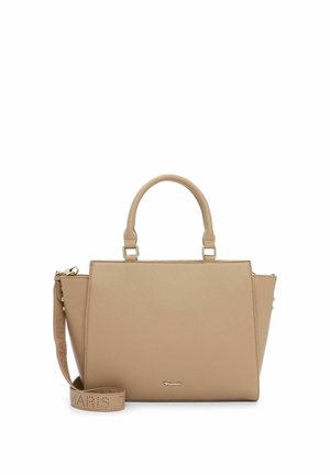 Beige structured handbag with textured leather, dual top handles, detachable strap, and subtle logo plate. Features angular shape and gold-tone accents.