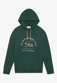 Sweat à capuche vert avec une poche avant, comportant un texte graphique beige et une illustration d'ours. Les cordons de serrage sont beiges et le tissu a une finition texturée.