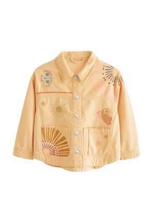 Light orange jacket with button front, two front pockets, and embroidered sun, bird, butterfly, and fan designs on chest and sleeves.