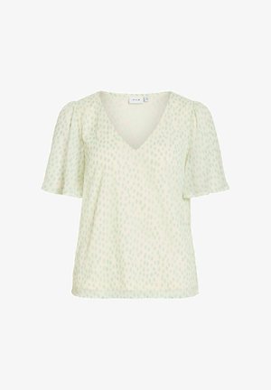 Lysegrøn kortærmet bluse med diskret prikkemønster, V-hals og let puffede ærmer, designet til afslappet eller kontorbrug.