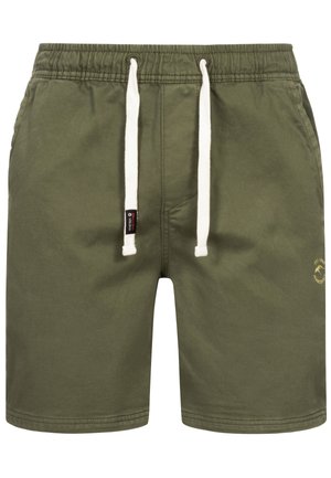 Olive green shorts made of cotton fabric, featuring a drawstring waistband with white cords, side pockets, and a small logo detail.