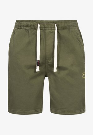 Olivgrüne Shorts aus Baumwollstoff, mit einem Kordelzugbund aus weißen Schnüren, Seitentaschen und einem kleinen Logo-Detail.