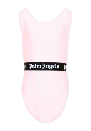 Lichtroze mouwloze body met ronde halslijn en zwarte tailleband met witte "Palm Angels" tekst.