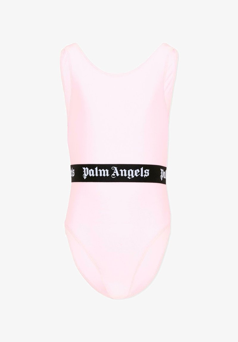 Body sans manches rose clair avec encolure dégagée et ceinture noire avec texte blanc "Palm Angels".