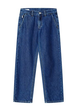 Gerade geschnittene blaue Denim-Jeans mit Fronttaschen, Gürtelschlaufen und vorderem Knopf- und Reißverschluss.