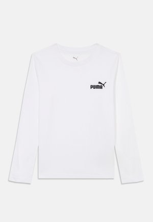 Camisa de manga longa branca feita de algodão. Apresenta um logo preto da Puma no lado esquerdo do peito e um decote à crew. Textura suave e ajuste regular.