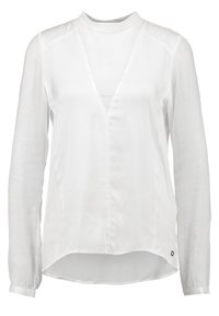Weiße Bluse mit langen Ärmeln, V-Ausschnitt und hohem Kragen. Aus glattem Stoff gefertigt, mit abgerundetem Saum und subtiler Logo-Akzent an der Seite.