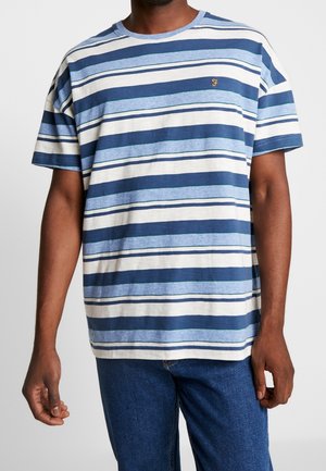 Gestreiftes Kurzarm-T-Shirt in Blau- und Cremetönen, mit einem klassischen Rundhalsausschnitt und einem kleinen gestickten Logo auf der Brust.