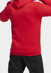 Röd hoodie i mjukt tyg, med en framficka i kangaroo-stil, ribbade ärmslut och justerbar huva. Bakvy synlig.