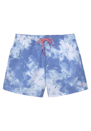 Blaue Batik-Badebermuda aus leichtem Material, mit elastischem Bund und pinkem Kordelzug. Verfügt über zwei seitliche Taschen und ein Logo-Detail.