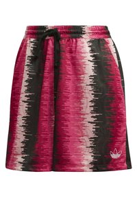 Kraťasy v abstraktním vzoru s růžovou, černou a bílou barvou, vyrobené z lehkého materiálu. Mají elastický pas se šňůrkou a boží logo.