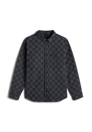 Gray checkered long-sleeve shirt made of denim, featuring a button-down collar, two chest pockets, and a straight hem.