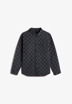 Gray checkered long-sleeve shirt made of denim, featuring a button-down collar, two chest pockets, and a straight hem.