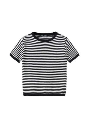Pull tricoté manches courtes à rayures horizontales noires et blanches, col rond et poignets et bas en côtes.