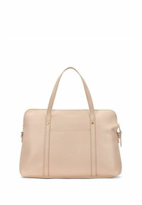 Beżowa skórzana torebka z podwójnymi uchwytami, zapięciem na zamek, przednią kieszenią i akcentami w kolorze złotym. Gładka tekstura, prostokątny kształt.