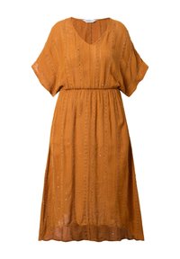 Rostorange Kleid aus leichtem Material mit V-Ausschnitt, kurzen Ärmeln, elastischem Bund und vertikalen Streifenmustern mit subtiler Glanz.