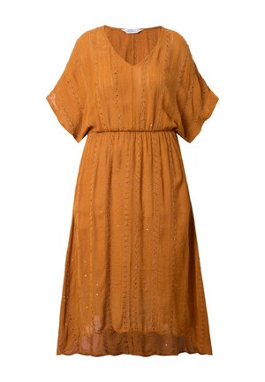 Rostorange Kleid aus leichtem Material mit V-Ausschnitt, kurzen Ärmeln, elastischem Bund und vertikalen Streifenmustern mit subtiler Glanz.