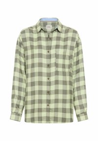 Grün-beiges kariertes Hemd mit Knöpfen, einer Brusttasche, langen Ärmeln und braunen Knöpfen; verfügt über einen klassischen Kragen und einen abgerundeten Saum.