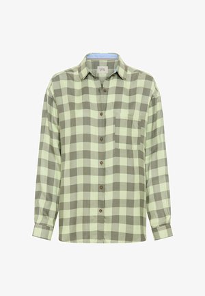 Grün-beiges kariertes Hemd mit Knöpfen, einer Brusttasche, langen Ärmeln und braunen Knöpfen; verfügt über einen klassischen Kragen und einen abgerundeten Saum.
