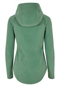 Haut à capuche en polaire verte, avec une capuche spacieuse, des manches longues et un ourlet arrondi. Texture douce, design minimaliste, adapté pour un style décontracté.