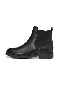 Svarte skinn Chelsea-støvler med elastiske sider, rund tå, lav stablet hæl, og teksturerte detaljer. Flat såle for stabilitet.