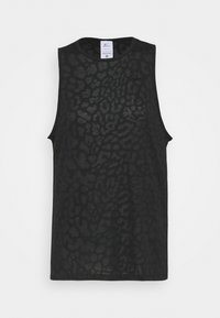 Camiseta sin mangas negra con un sutil estampado de leopardo, confeccionada con tela ligera, que presenta un cuello redondo y un ajuste holgado.