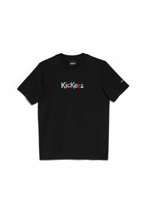 Camiseta de algodón negra con un logotipo "Kickers" multicolor centrado en el pecho. Mangas cortas y un cuello redondo clásico.