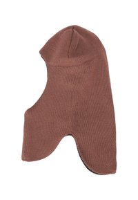 Braune gestrickte Balaclava mit einer enganliegenden Kapuze, einem gebogenen Gesichtsausschnitt und nahtlosen Kanten. Dehnbare Textur für Komfort und Wärme.