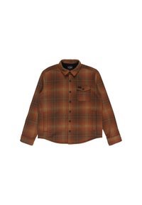 Camicia a quadri in tonalità calde di marrone e arancione, con chiusura frontale a bottoni, colletto, maniche lunghe e taschino sul petto. Materiale in cotone.