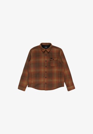 Koszula w kratę w ciepłych odcieniach brązu i pomarańczy, z guzikami z przodu, kołnierzykiem, długimi rękawami oraz kieszenią na piersi. Materiał bawełniany.
