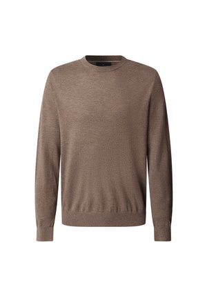 Brun tröja i fint stickat material, med rund halsringning, långa ärmar och figurnära midja. Enkel design, inga synliga mönster.