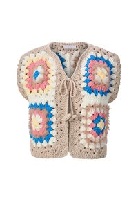 Crochet vest in beige with multicolored granny square patterns. Features a tie closure at the front and a soft, textured finish.