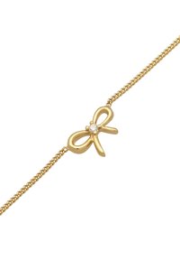 Guldarmbånd med en bueformet vedhæng, der har en central klar ædelsten, på en delikat kæde med snoet struktur.