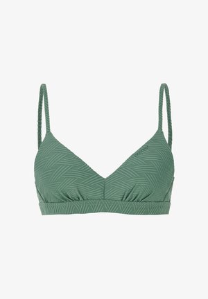 Grøn trekant bikini top med et struktureret bladmønster, tynde justerbare stropper og rynke-detaljer ved bunden.