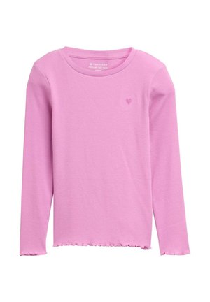 Top a maniche lunghe, leggero, a costine in rosa con un piccolo emblema a forma di cuore sul petto e un orlo sfilacciato. Tessuto liscio, scollatura rotonda.