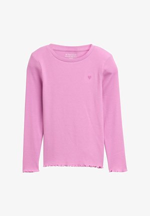 Haut à manches longues, léger, en maille côtelée de couleur rose avec un petit emblème en forme de cœur sur la poitrine et un ourlet effiloché. Texture lisse, encolure ronde.