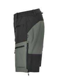 Heren shorts met een mix van zwart en grijs stof, meerdere ritszakken, een elastische tailleband en een duurzame, gestructureerde afwerking.