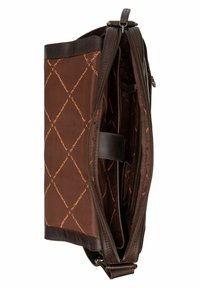 Brown leather and fabric messenger bag with zipped closure, featuring a signature logo pattern, sturdy straps, and multiple interior pockets.
