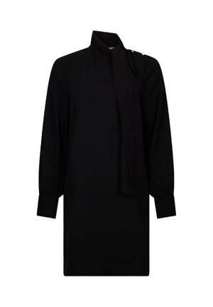 Abito nero con colletto alto e dettaglio a cravatta. Presenta maniche lunghe e bottoni decorativi sulla spalla. Tessuto dalla texture liscia.