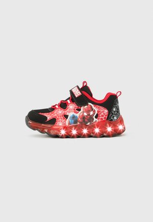 Red and black children's sneakers featuring a Spider-Man design, mesh upper, Velcro strap, and light-up sole with star accents.