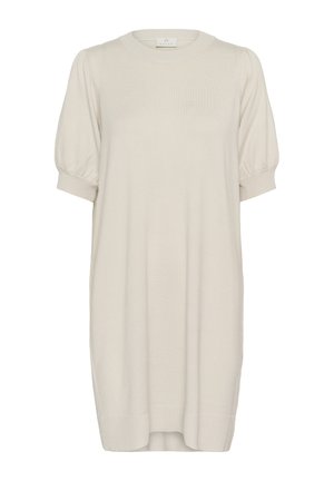 Lys beige strikket kjole med rund halsudskæring, korte puffærmer og ribbede kanter. Har en løs, lige silhuet.