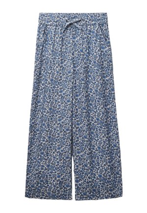 Pantalon à jambes larges avec motif floral bleu et blanc, taille élastique et cordon de serrage.