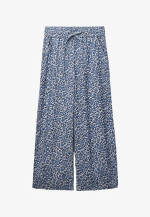 Pantalon à jambes larges avec motif floral bleu et blanc, taille élastique et cordon de serrage.