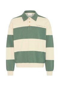 Pull polo à manches longues à rayures horizontales crème et vertes, doté d'un col, d'une patte à trois boutons et d'un texte brodé sur la poitrine.