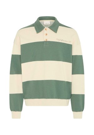 Πουλόβερ πόλο με μακριά μανίκια σε κρεμ και πράσινες οριζόντιες ρίγες, με γιακά, τριπλή σειρά κουμπιών και κεντημένο κείμενο στο στήθος.